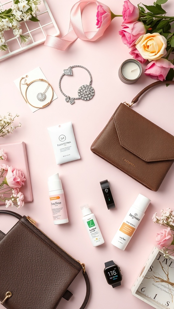 Flat lay of trendy gifts for women in their 20s including handbag, jewelry, skincare, and fitness tracker.